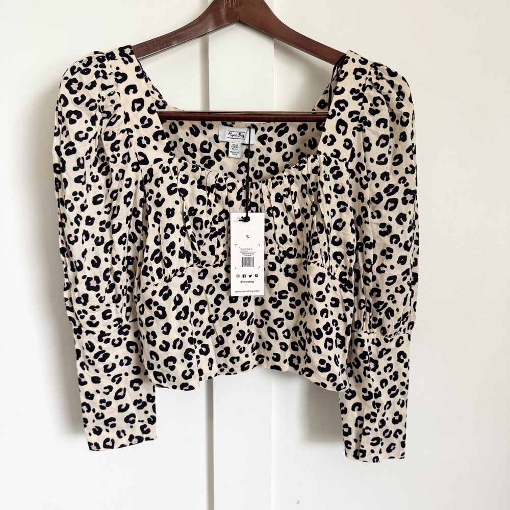 NWT Animal Print Crop Top Puff Sleeves Black Beige Sz M